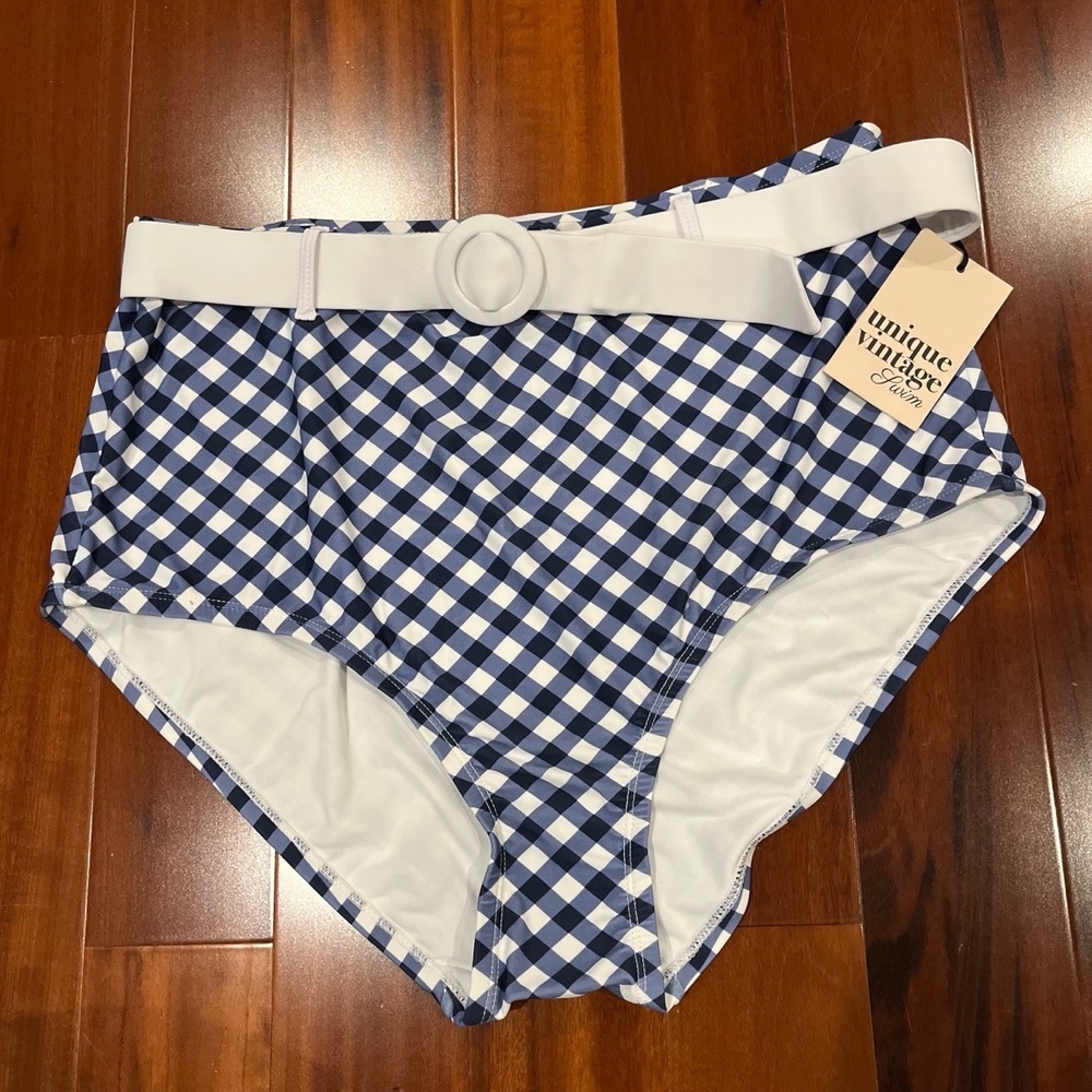 New NWT Unique Vintage Bikini Bottom Blue Navy White Gingham Belt Plus Size 1X‎
